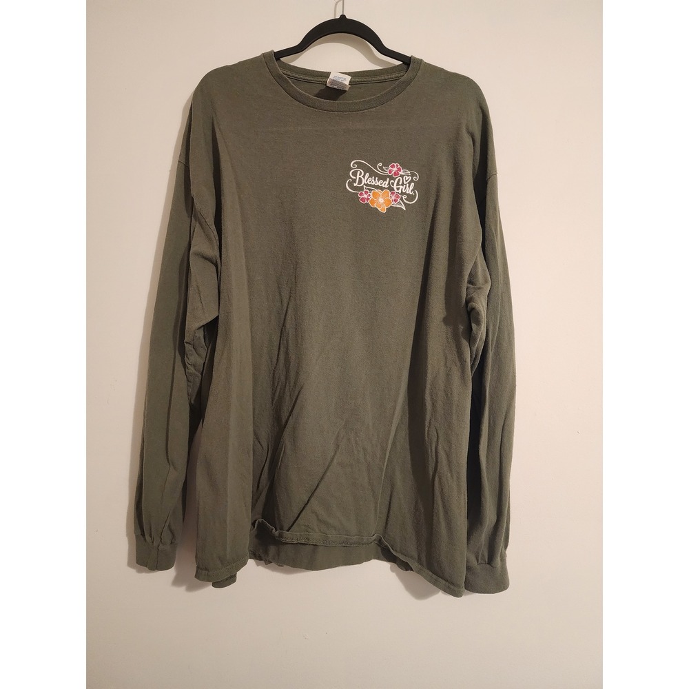Blessed Girl Shirt Women 2XL Green Cotton Long Sleeve Christian Love Graphic Tee